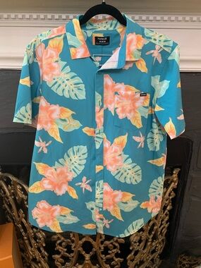 Hurley Teal Floral Camp Shirt with Coral and Yellow Accents